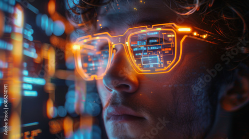 Close-up of a young man wearing high-tech digital glasses displaying data.