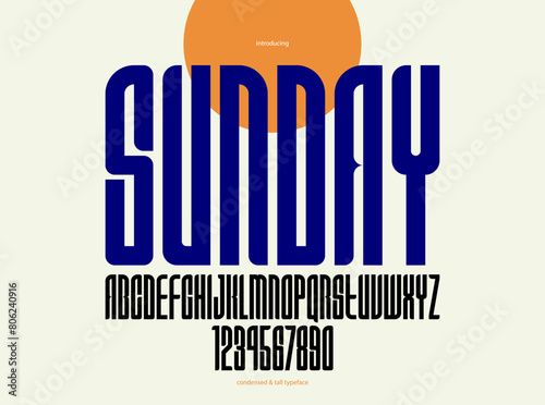 Condensed simple sans serif elegant display font for logos headers or slogans, vector tall and beautiful geometric typeface, uppercase letters alphabet with numbers, poster and advertising.