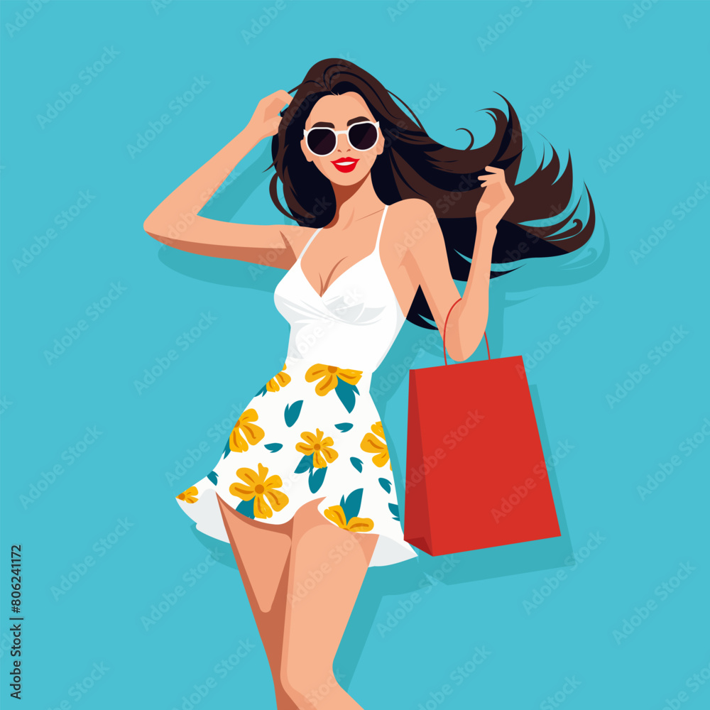 Vector flat fashion illustration of a beautiful sexy woman in a stylish summer dress and sunglasses with a package.

