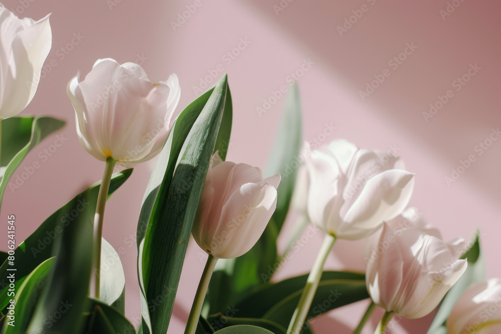 Fototapeta premium White Tulips in Bloom Against Soft Pink Background