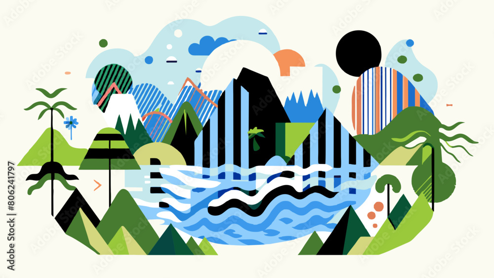 Obraz premium Vibrant Abstract Landscape with Mountains, Lakes, and Trees