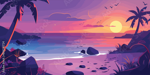 Tropical Twilight: Cartoon Vector Illustration of Sunset Beach Scenery