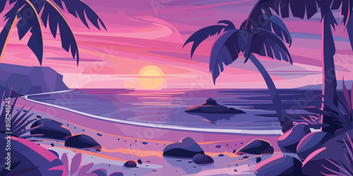 Tropical Twilight: Cartoon Vector Illustration of Sunset Beach Scenery