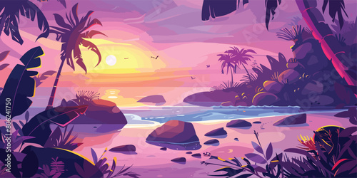 Tropical Twilight: Cartoon Vector Illustration of Sunset Beach Scenery