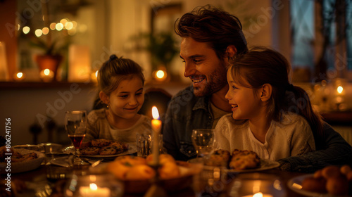 A cozy family dinner scene with a father and two daughters enjoying a meal by candlelight  radiating warmth and happiness.
