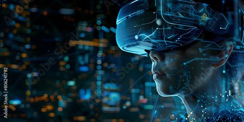 Cyborg man with virtual reality glasses 3D rendering on dark backgroundgenerative ai