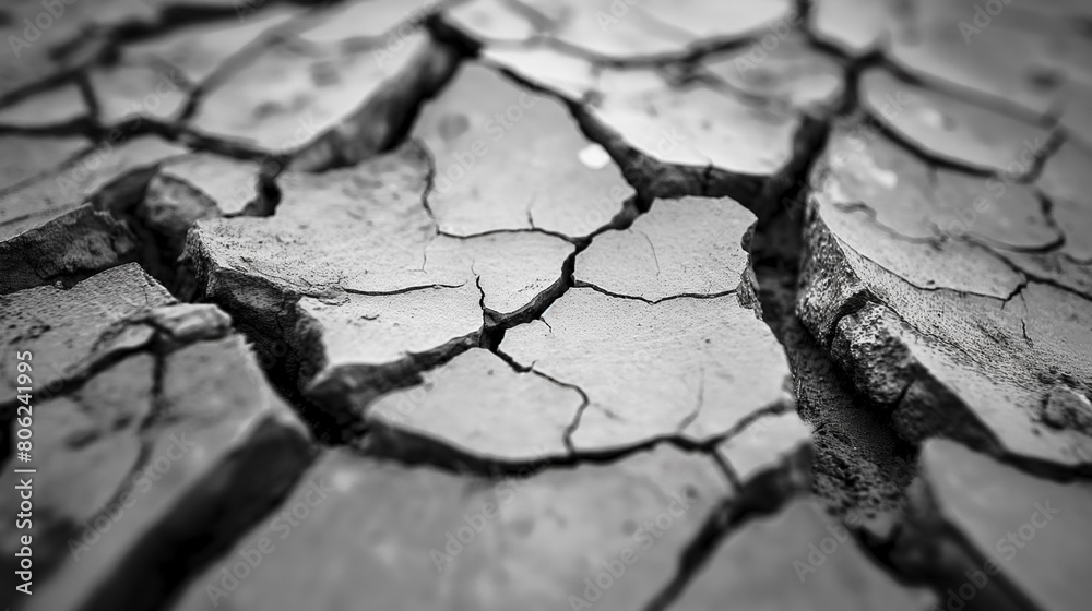Fototapeta premium Parched, cracked earth showing deep crevices and a textured surface, highlighting environmental issues such as drought.