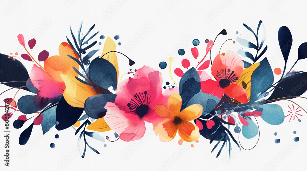 A modern clip art of a floral wreath, with abstract shapes and vibrant colors.