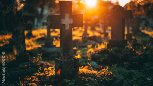 Sun setting in a serene cemetery, casting warm light and long shadows behind several crosses, creating a tranquil and reflective mood.