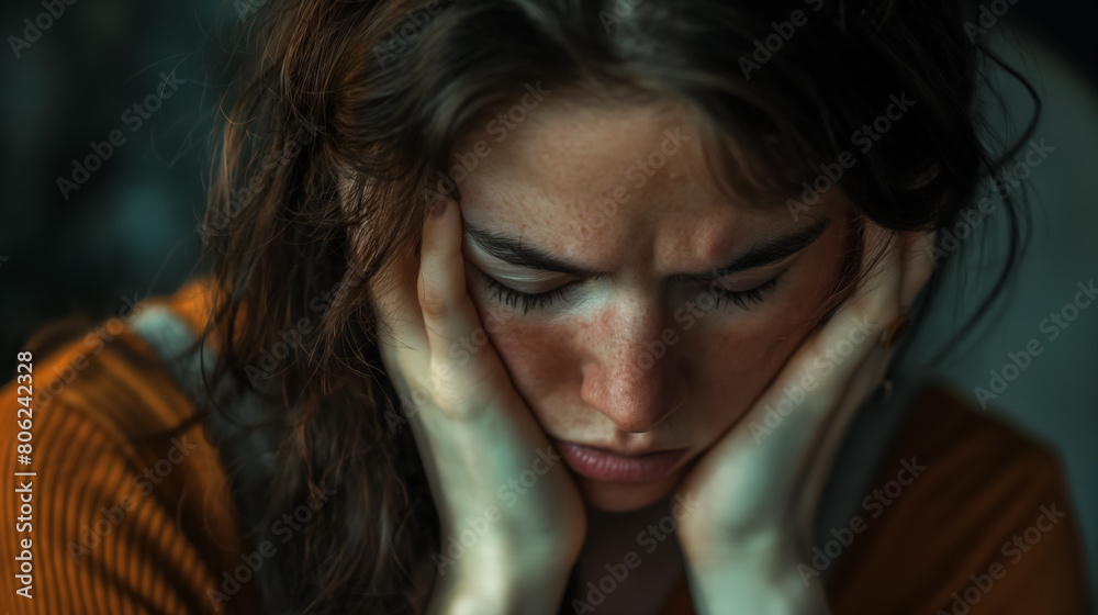 Young woman deeply distressed, holding her face in her hands, her expression filled with worry and sadness. Young woman deeply distressed, holding her face in her hands, her expression filled with worry and sadness.
