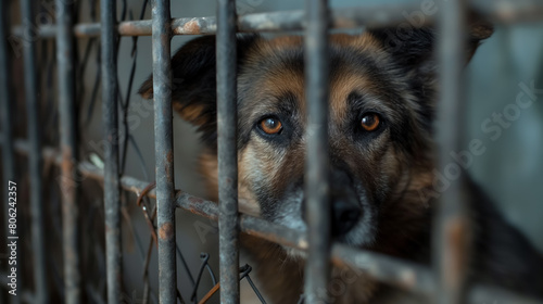 Dog with deep, expressive eyes looking through the bars of a metal cage, conveying a sense of longing and confinement. photo