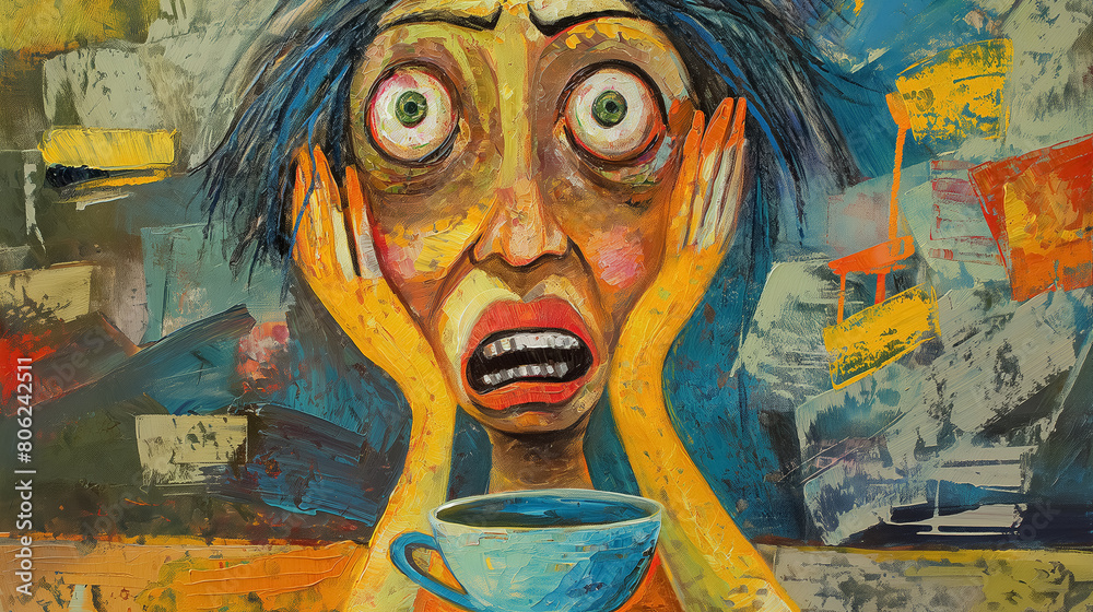 Expressionist painting showing a woman with a shocked expression, using vibrant colors and exaggerated features to convey intense emotion.