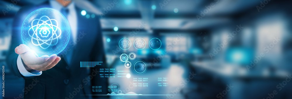 Fototapeta premium Hand holding global network connection on the brink of quantum cycle, propelling us into a realm of boundless connectivity and technological marvels. It's a fusion of innovation and futurism.