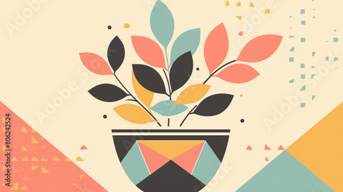 A retro-style clip art of a flower pot, with a geometric design and pastel colors.