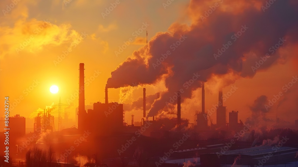 Factories emitting smoke highlight pollution environmental impact and climate change concerns. Concept Pollution, Smoke, Factories, Environment, Climate Change