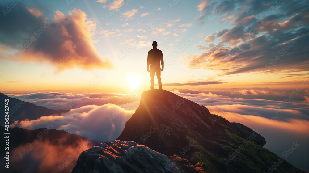 Solo adventurer stands on a mountain peak with a sweeping view of the sunrise over a sea of clouds, conveying a sense of achievement and solitude.