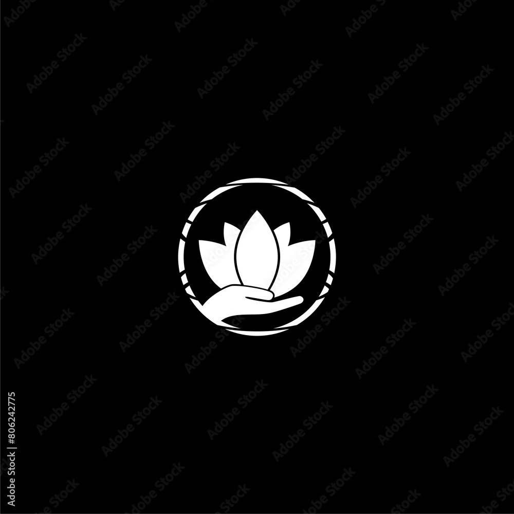 Spa salon service icon. Hand holding lotus flower icon isolated on black background 