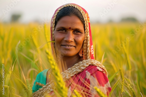 indian rural woman standing at agriculture field. photo