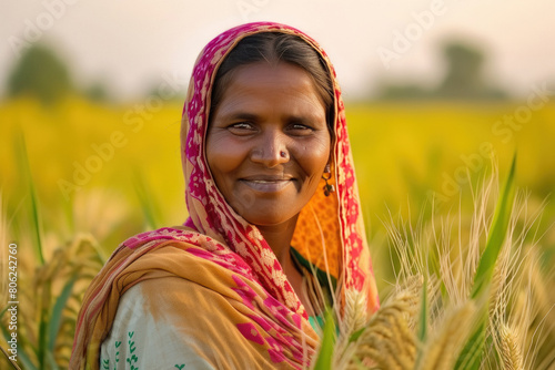 indian rural woman standing at agriculture field.