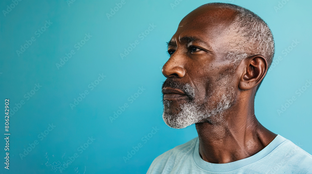 Portrait of a Mature Black Man Looking away on pastel blue background Portrait of a Mature Black Man Looking away on pastel blue background