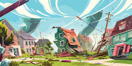 Devastating Tornado: Cartoon Vector Illustration of Twister Crashing into Village Houses