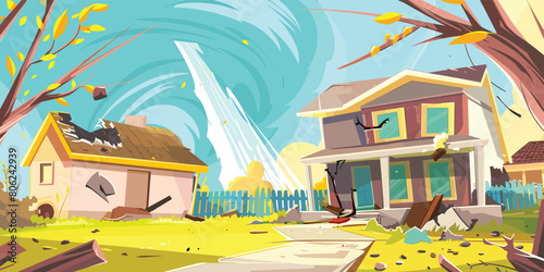 Devastating Tornado: Cartoon Vector Illustration of Twister Crashing into Village Houses