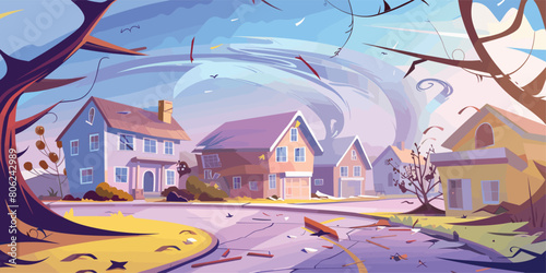 Devastating Tornado: Cartoon Vector Illustration of Twister Crashing into Village Houses