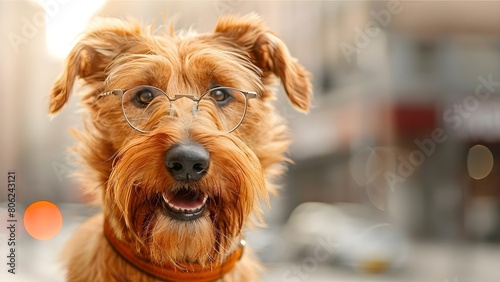Portrait of a cheerful Irish wolfhound dog wearing glasses in a city. Concept Dog Portraits, Pet Fashion, Urban Lifestyle