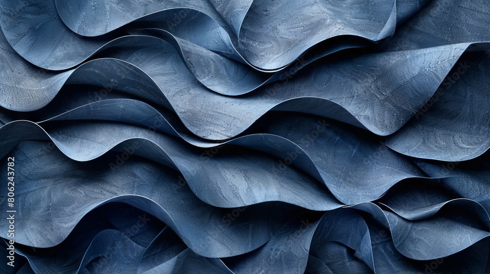 A close up of blue fabric with wavy lines. A close up of blue fabric with wavy lines.