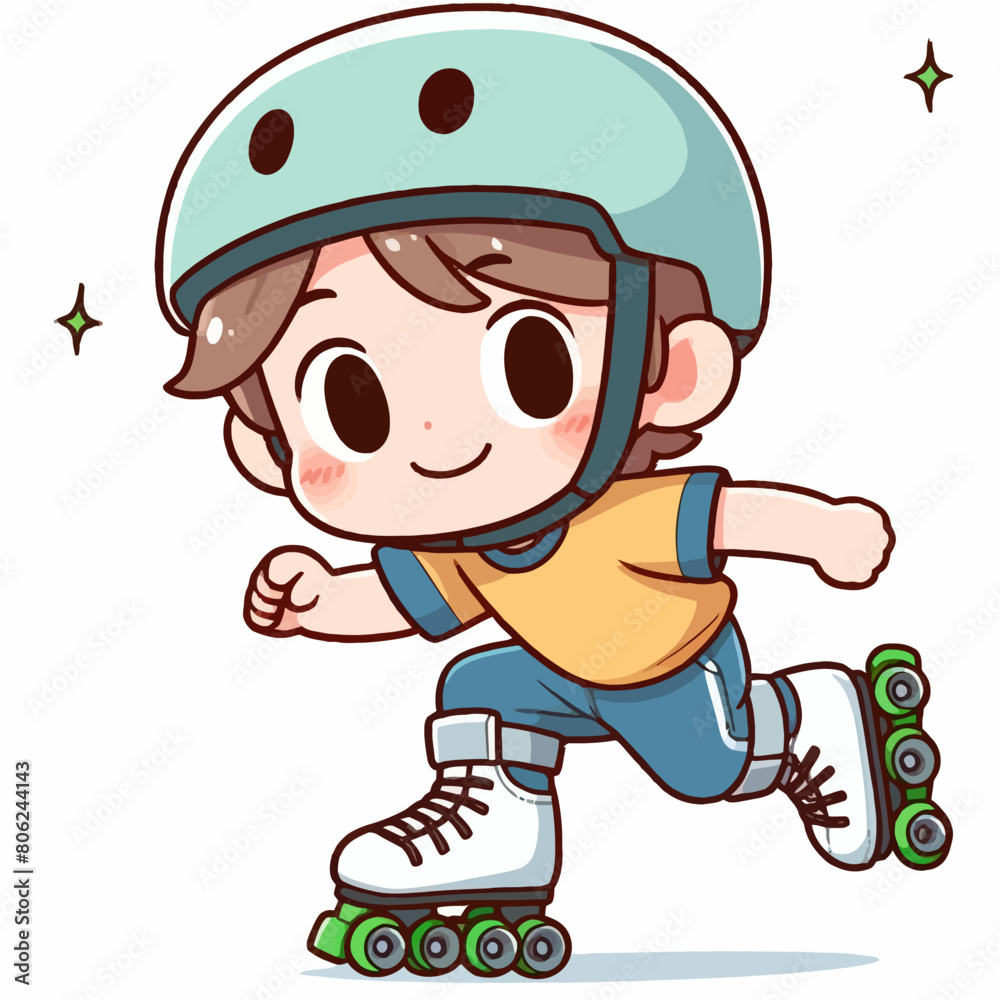Simple cartoon art illustration of boy playing roller skating Simple cartoon art illustration of boy playing roller skating