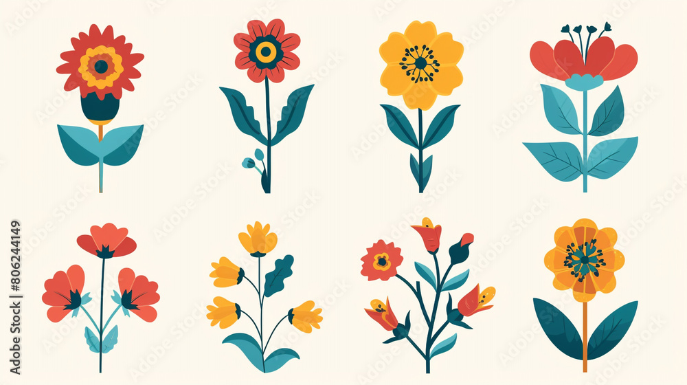 A set of colorful flower icons in a flat design style. A set of colorful flower icons in a flat design style.