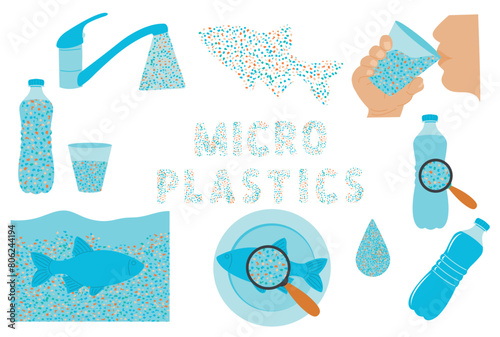 Micro plastic pollution concept. Microplastic in water illustration set. Environmental pollution by toxic waste. Vector illustrations isolated on white background