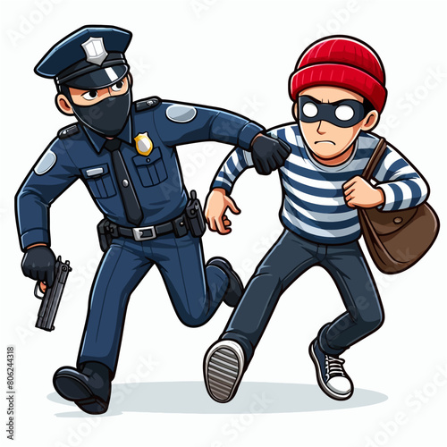 Illustration of a policeman is arresting a thief