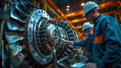 Two engineers in helmets engaged in a technical discussion over turbine equipment inside a busy industrial plant.