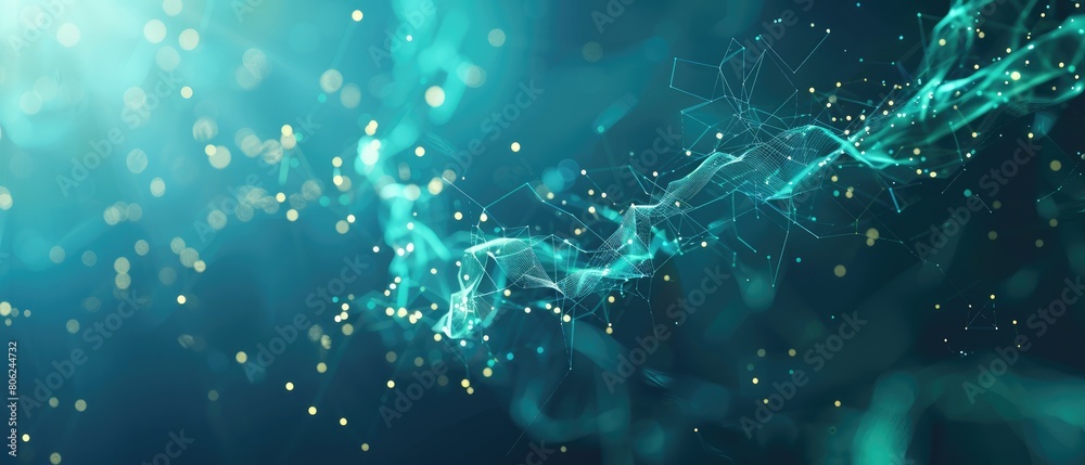 An abstract blue background featuring a cyber network grid with connected lime, teal, and sapphire particles