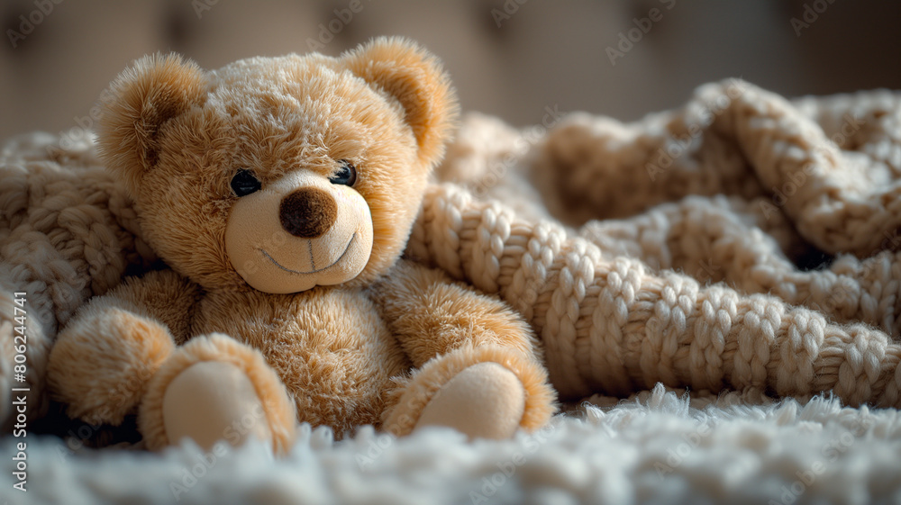 Cozy Teddy Bear on Knitted Blanket Cozy Teddy Bear on Knitted Blanket