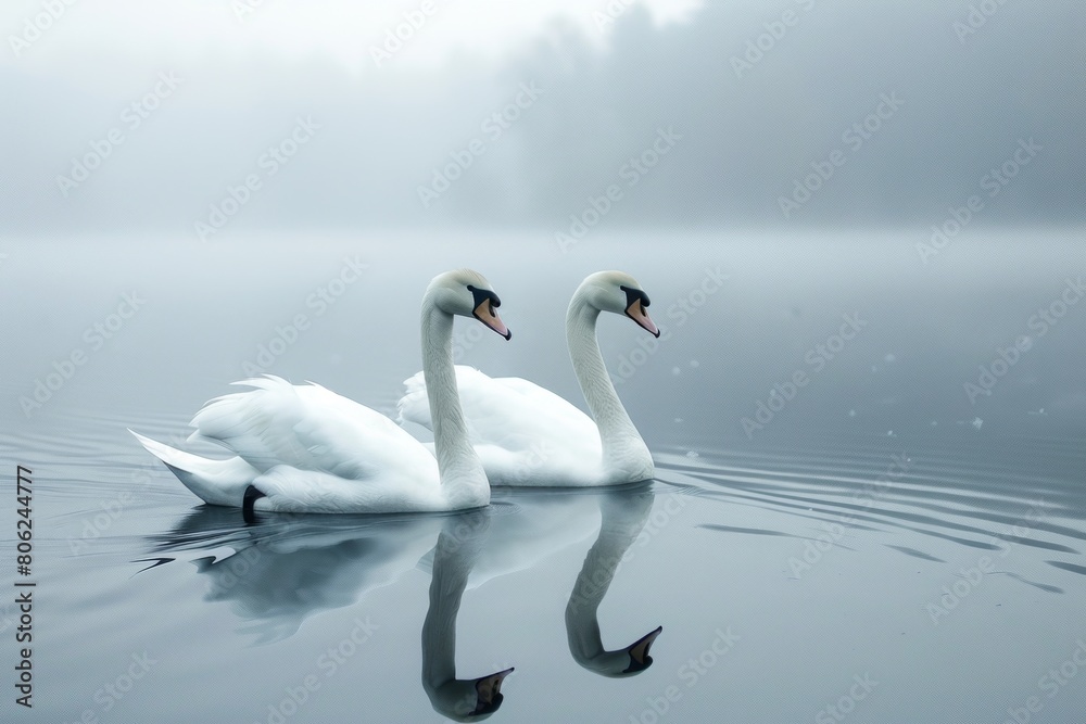 Fototapeta premium Two beautiful swans gracefully glide across a calm, misty lake, their reflections perfectly mirrored in the tranquil waters