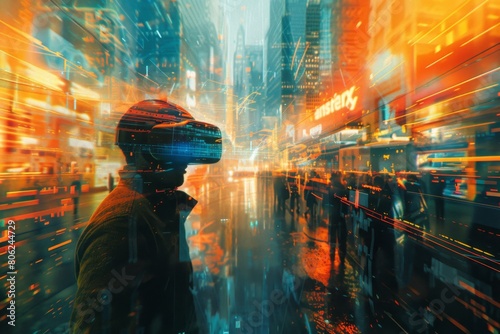 A vibrant, digitally altered image portraying a person wearing virtual reality goggles, with a blurred futuristic cityscape backdrop photo