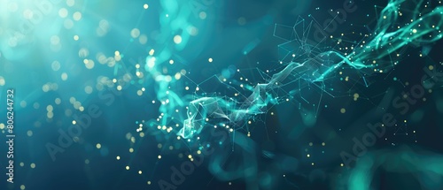 An abstract blue background featuring a cyber network grid with connected lime, teal, and sapphire particles