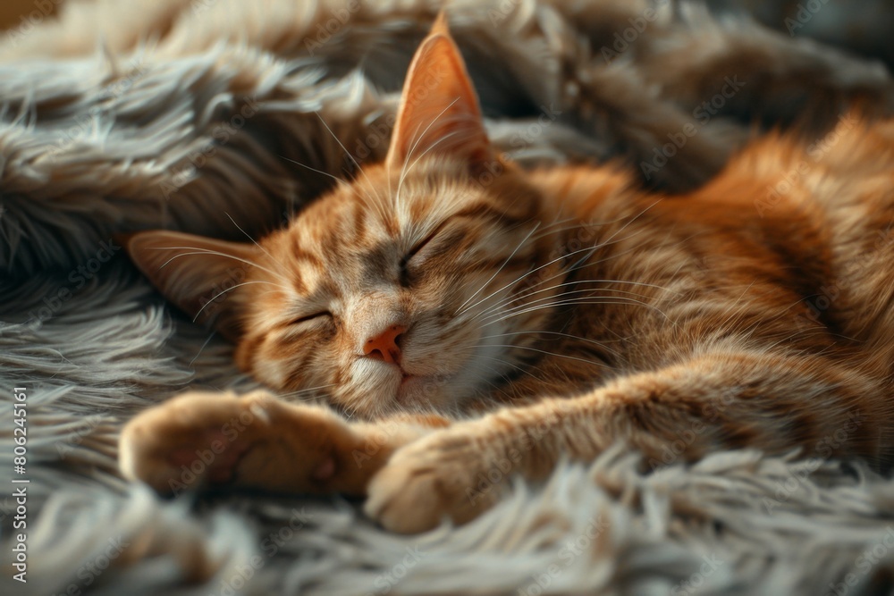 A ginger cat sleeps soundly, curled up on a soft, fluffy grey blanket, capturing a moment of pure contentment and relaxation