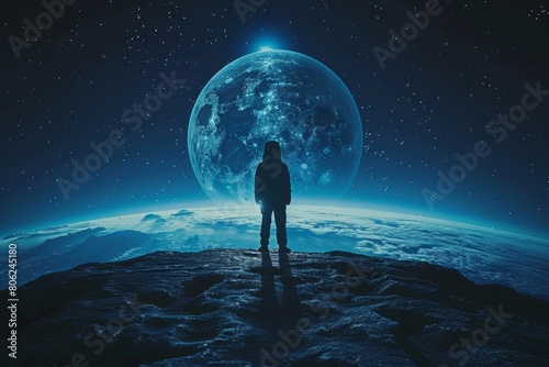 A lone astronaut stands on the rugged terrain of an alien planet, gazing at a stunningly large Earth rising above the horizon under a starlit sky