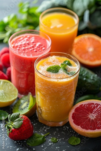 Assorted fresh fruit smoothies in glasses  featuring orange  raspberry  and mixed citrus flavors garnished with mint