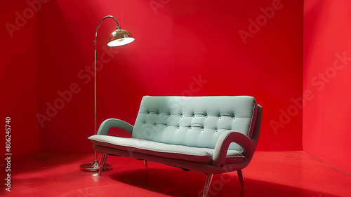 A blue couch is sitting in front of a red wall