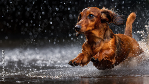 Energetic Dachshund Running Through Water