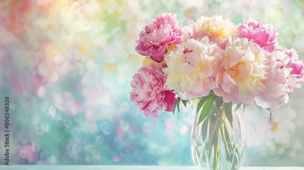Obraz premium Bouquet of colorful peonies in a glass vase against a soft, blurred background.