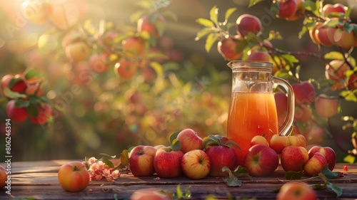  Apples and apple juice on a rustic wooden table in a sunny orchard.