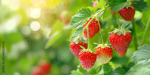 Ripe strawberries on a branch in the garden on blurred bokeh agriculture plantation background close up with copy space area for text.