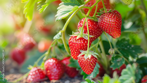 Strawberry plant in the garden on blurred agriculture plantation background.