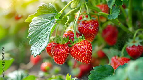 Ripe strawberries on a branch in an orchard on blurred garden farm background.