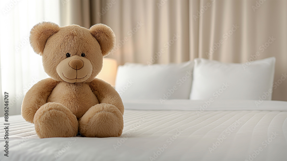 Teddy Bear on a Hotel Bed